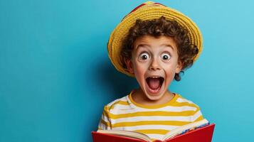 Young child with curly hair and a yellow hat excitedly reading an illustrated book against a bright blue background during a cheerful moment of discovery photo