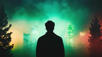 Silhouette of a person against a colorful foggy city skyline at night, showcasing vibrant city lights and a mysterious atmosphere photo