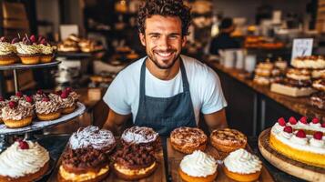 Bakery worker presents an array of delicious pastries in a cozy cafe showcasing gourmet treats and cheerful ambiance during the day photo
