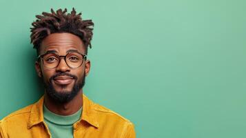 Young man with stylish hair and glasses smiling in front of a vibrant green background during a sunny day photo