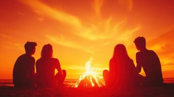 Friends gather around a campfire at sunset on the beach, enjoying conversation and warmth during a memorable evening gathering by the ocean photo