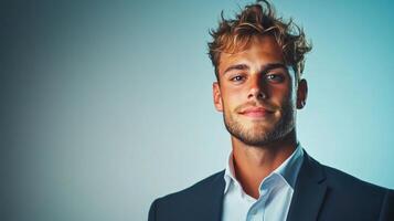 Confident young man in business attire poses against a minimalist background during a professional photo session in a studio setting