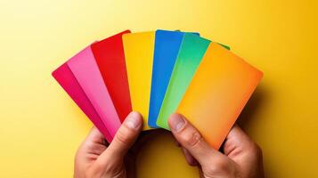 Colorful set of playing cards held by hands against a vibrant yellow backdrop displaying a variety of colors and shades in a game setting photo