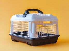 A white and black pet carrier on a yellow background photo