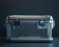 A metal box with a mesh lid on a dark background photo