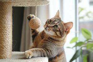 A cat playing with a ball on a scratching post. photo