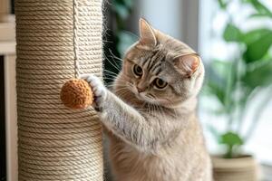 A cat playing with a ball on a scratching photo