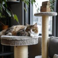 Cat lounging on a fluffy cat tree photo