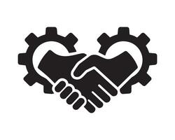 Two gears forming a heart shape with a handshake inside silhouette vector