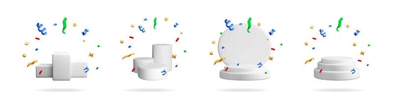 3d render of white podium displays with confetti vector