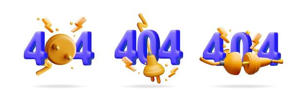 Three stylized 404 error numbers with electric elements. Page not found concept for web design and website alerts. vector