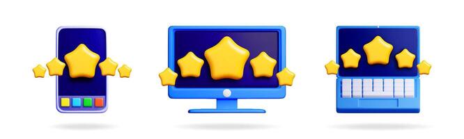 Five golden stars over smartphone, computer monitor, and laptop. Concept of quality rating, customer feedback, and online review system. vector