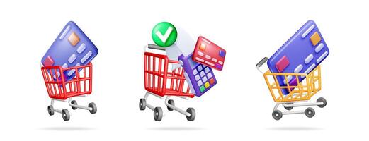 Set of 3d shopping cart, credit card. Online payment option for e-commerce. Purchase and commercial concept for web banner. vector