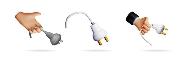 3d hands holding electric plugs vector
