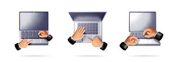 3d cartoon hands on laptop keyboard vector