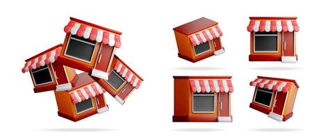 A collection of 3d shop icons with a red and white striped awning on a white background. Online shopping and small business concept. vector