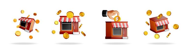 3d cartoon store icon with gold coin falling vector