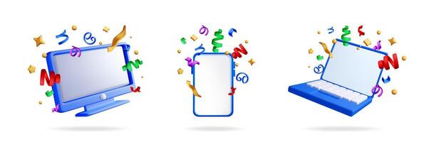 3d illustration of a computer monitor, smartphone, and laptop celebrating with confetti. Festive technology for online sales and winner concept. vector