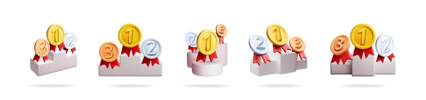 Set of 3d gold, silver, and bronze winning medals on podiums. Concept of success, achievement, and competition. For web design, awards. vector