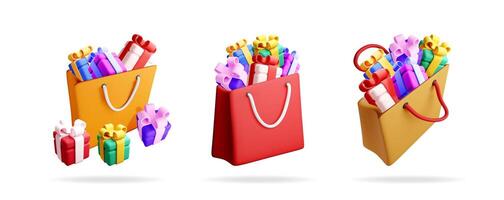 Set of 3d illustrations featuring shopping bags overflowing with colorful gift boxes for online sales and holiday shopping vector