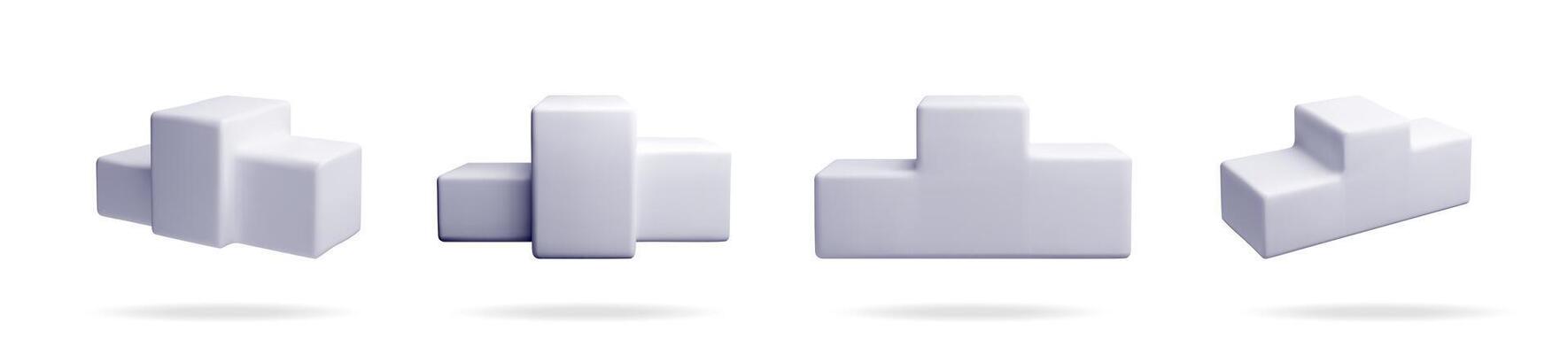 Four abstract gray 3d geometric shapes with rounded edges and soft shadows floating digitally on a white background for modern design