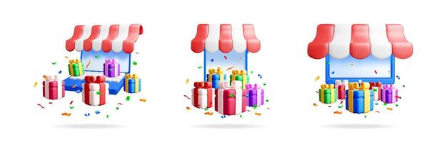 Stock 3d illustration set collection with online shop, gift box, present and celebration confetti for commerce. vector