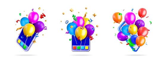 Colorful balloons fly out from mobile phone with confetti. Online celebration, party app, digital event, or greeting card concept. vector