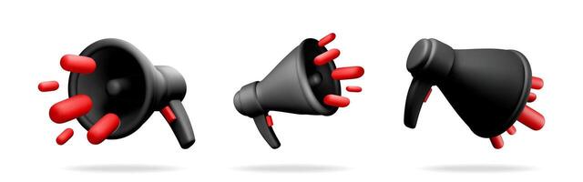 3d black megaphones with red sound waves vector
