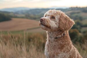 Adorable cockapoo dog enjoying the view of a beautiful valley at sunset photo