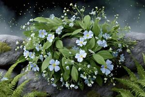 Wreath of forget-me-nots blooming on rocks at night with fireflies photo
