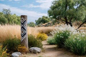 Wooden pole with tribal pattern standing in a botanical garden photo