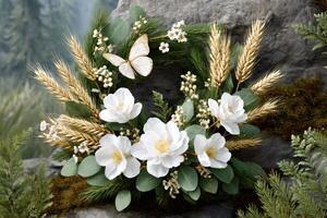 Elegant Floral Wreath with Butterfly and Wheat photo