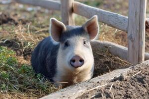 Pig resting in a pigsty is looking at camera photo