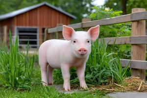 Cute piglet standing on grass in front of barn photo