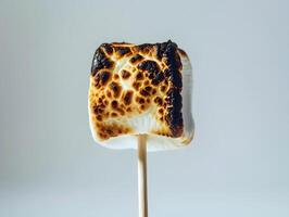 Burnt toasted marshmallow on stick isolated on white background photo