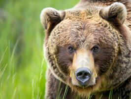 curious grizzly bear looking directly on green background photo