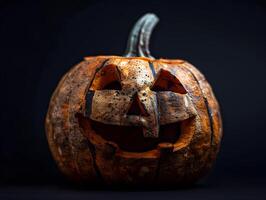 Aged jack o lantern with smiling carved face on dark background photo