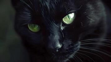 black cat with striking green eyes looking in dark background photo