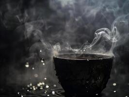 A black cup with steam coming out of it photo