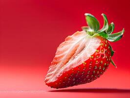 Single fresh strawberry cut in half on red background with green stem photo