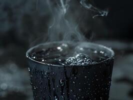 steaming cup of hot beverage with water droplets on black background photo