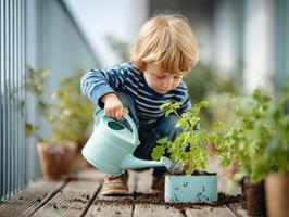 Child waters plants in a garden with joy on a sunny day while learning about nature and gardening skills photo