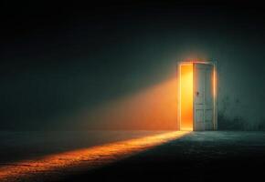 Mysterious door with glowing light in dark room creates an atmosphere of intrigue and potential discovery photo