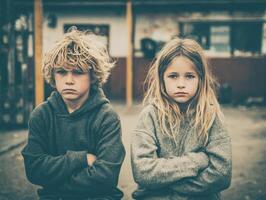 Two children with serious expressions sitting side by side outdoors in a playground during a cloudy day photo