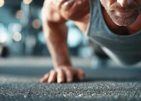 Fitness enthusiast performing push-ups in a modern gym during afternoon workout session focusing on strength training and core fitness photo