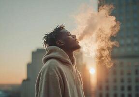 Young man enjoys a moment of reflection while exhaling vapor against a city skyline at sunset photo
