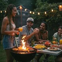 Group of friends enjoys lively backyard barbecue at dusk, with string lights and festive atmosphere. Burgers, corn, salads on the table. Summer fun, social gatherings, and delicious outdoor dining photo