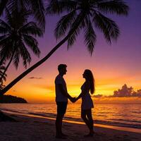 Silhouette couple holding hands on tropical beach at sunset, with palm trees framing vibrant sky. Feelings of love, vacation, honeymoon, engagement, propose marriage, romance travel, and lifestyle photo