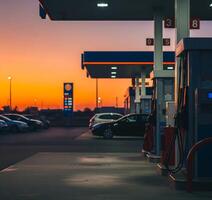 Gas station at sunset with cars filling up with petrol. For energy, travel, infrastructure, climate change and modern technology. photo