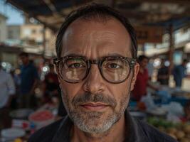A man with glasses and a beard in an outdoor market photo
